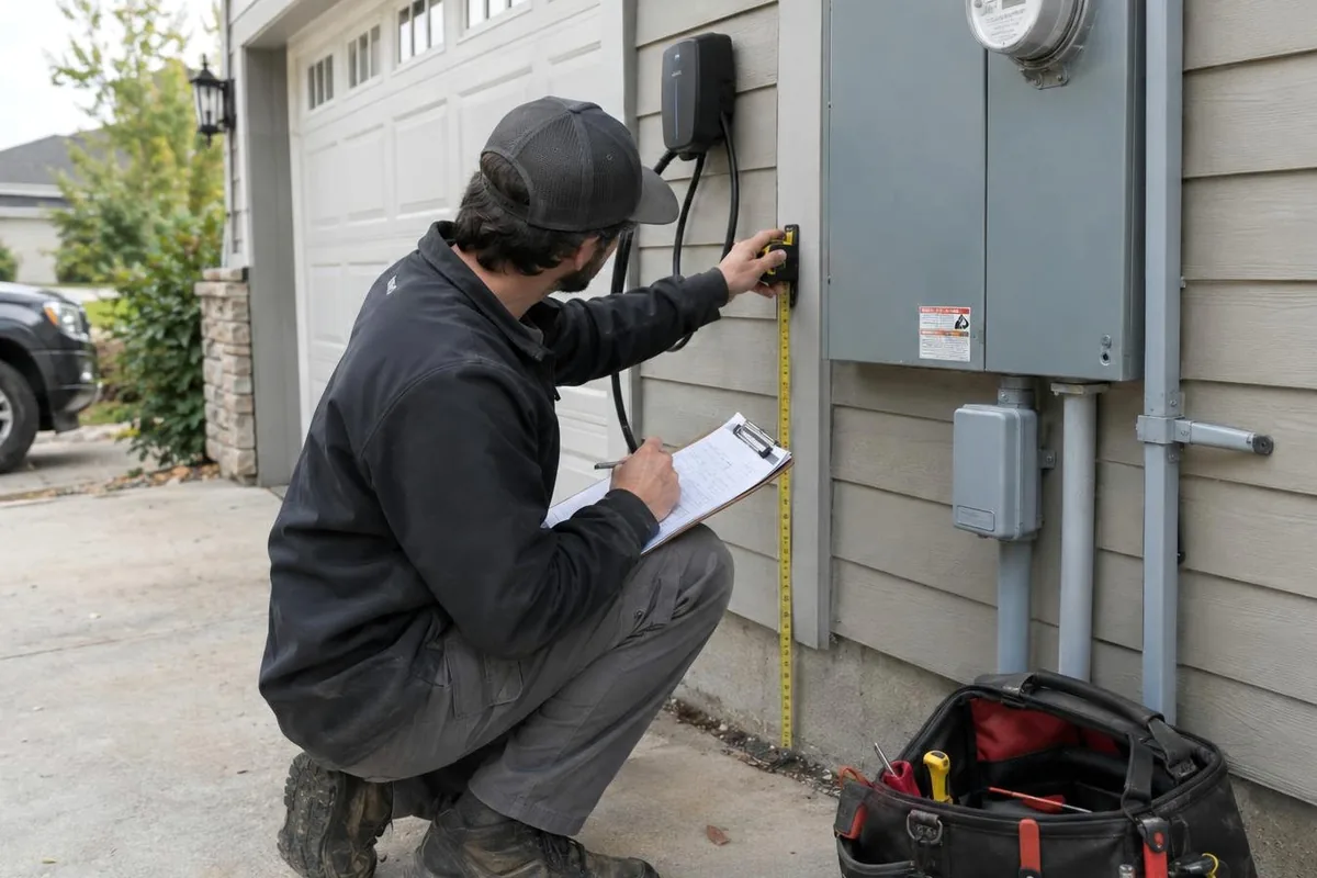 Electrician kneeling beside an outdoor electrical panel, measuring the wall with a tape measure and writing on a clipboard
