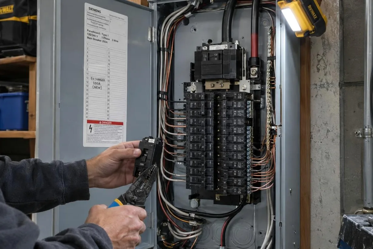 Electrician stripping a wire inside an open breaker panel lit by a work light