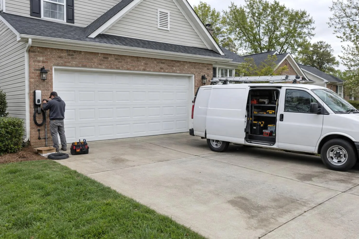 Electrician mounting an EV charger on the brick wall beside a two-car garage, with a work van in the driveway